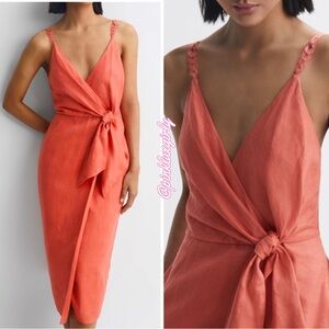 Reiss $225 Esme Dress Size 2 Coral 🪸 Orange Linen Midi Wrap Summer Bloomingdales